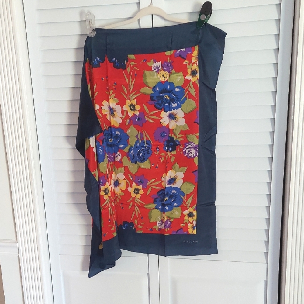 Bill Blass Scarf, 100% Silk,‎ Floral on Red background with Navy Blue Border